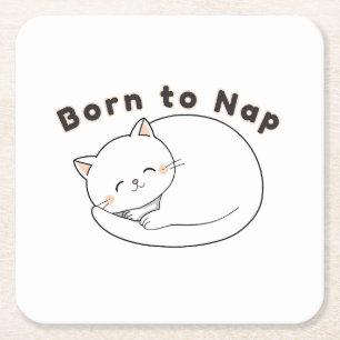 Cute Sleepy Cat “Born to Nap” Line Art Design Square Paper Coaster