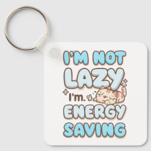 Cute Sleepy Cat "Energy Saving" Quote Key Ring