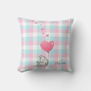 Cute Sleepy Cat Pink Blue Monogram Cushion