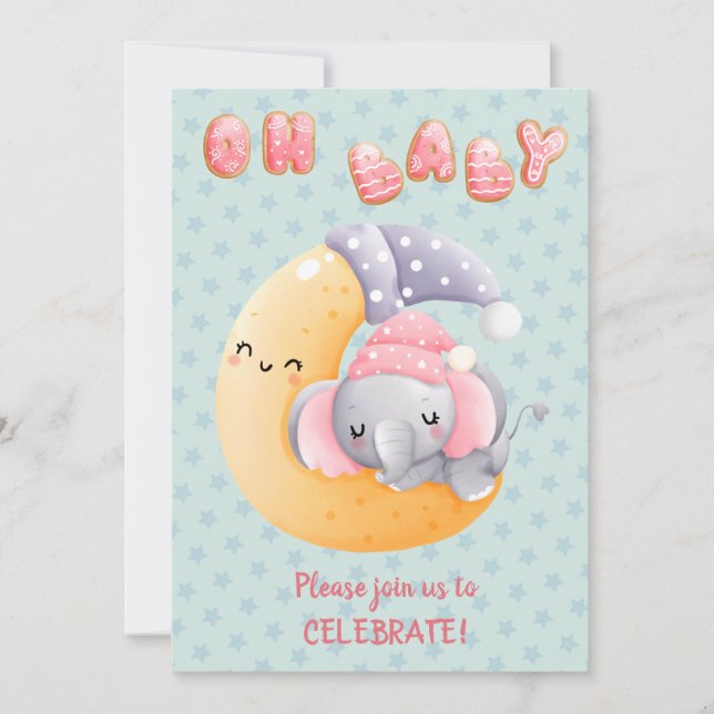 Cute Sleepy Elephant on Moon Girl Baby Shower Invitation (Front)