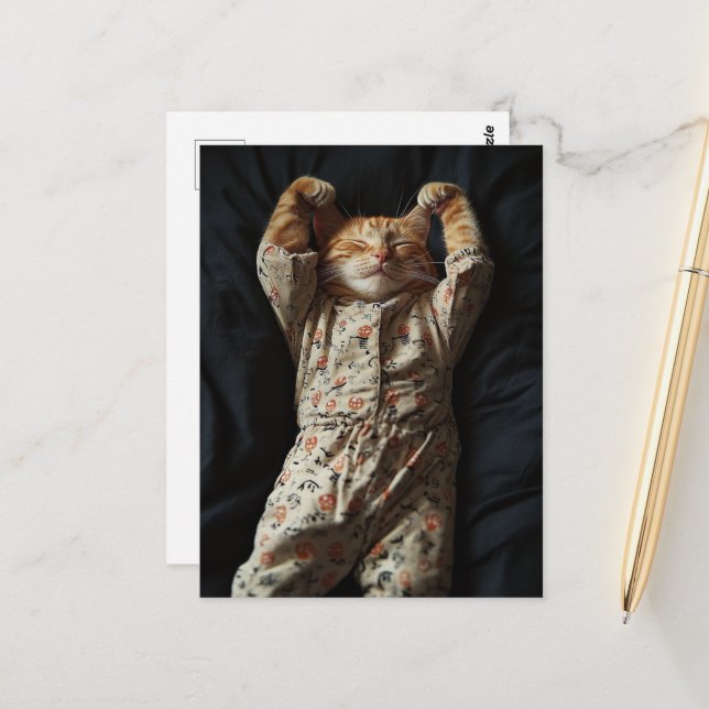 Cute Sleepy Ginger Kitty in PJs Postcard (Front/Back In Situ)