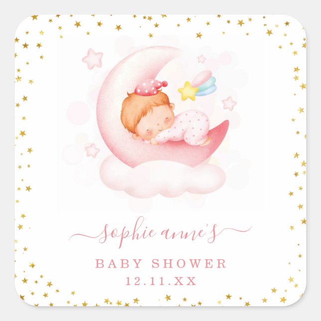 Cute Sleepy Girl Over The Moon Baby Shower Square Sticker (Front)