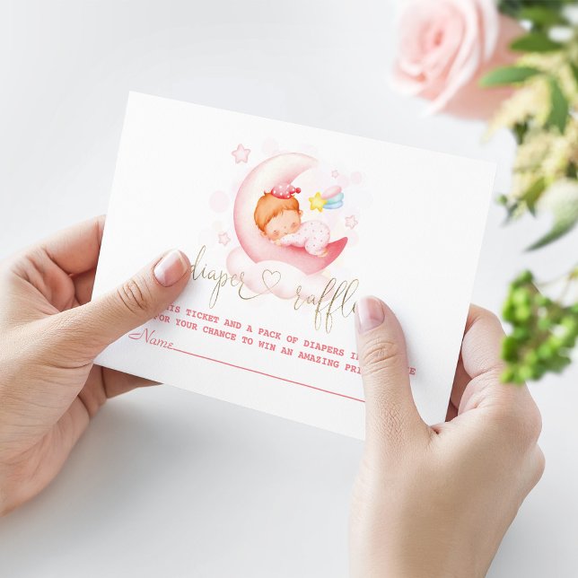 Cute Sleepy Girl Over The Moon Gold Diaper Raffle Enclosure Card (Creator Uploaded)