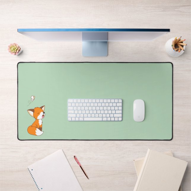 Cute Sleepy Little Fox on Green Desk Mat (Office 1)