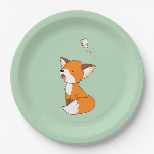 Cute Sleepy Little Fox on Green Paper Plate (Front)