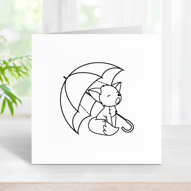 Cute Sleepy Little Fox under Umbrella Colour Me Rubber Stamp (Creator Uploaded)