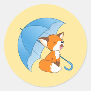 Cute Sleepy Little Fox under Umbrella on Yellow Classic Round Sticker