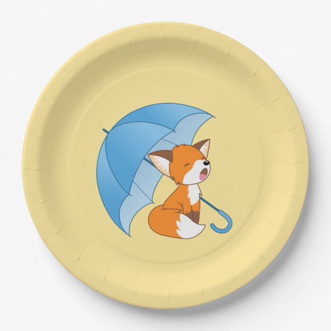 Cute Sleepy Little Fox under Umbrella on Yellow Paper Plate (Front)
