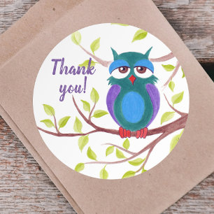 Cute sleepy owl on a tree cartoon Custom text Classic Round Sticker