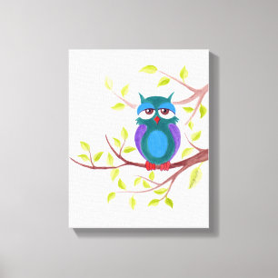 Cute sleepy owl on a tree Cartoon painting Canvas Print