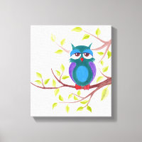 Cute sleepy owl on a tree Cartoon painting