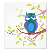 Cute sleepy owl on a tree Cartoon painting