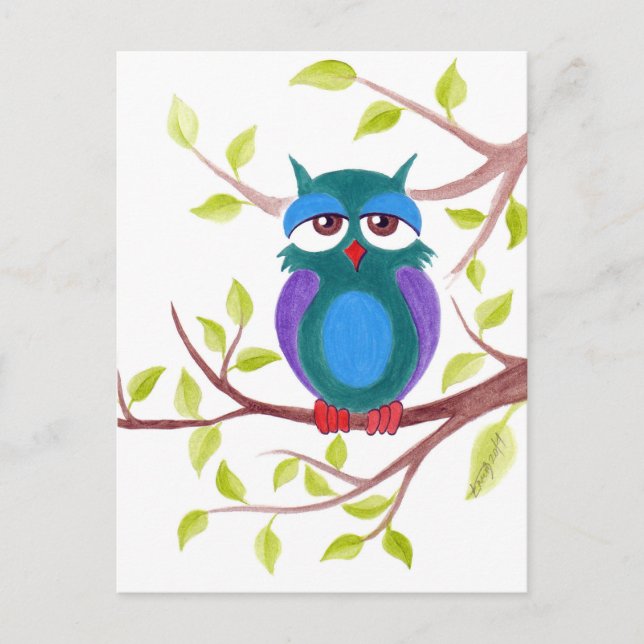 Cute sleepy owl on a tree cartoon postcard (Front)
