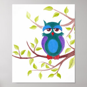 Cute sleepy owl on a tree cartoon Poster