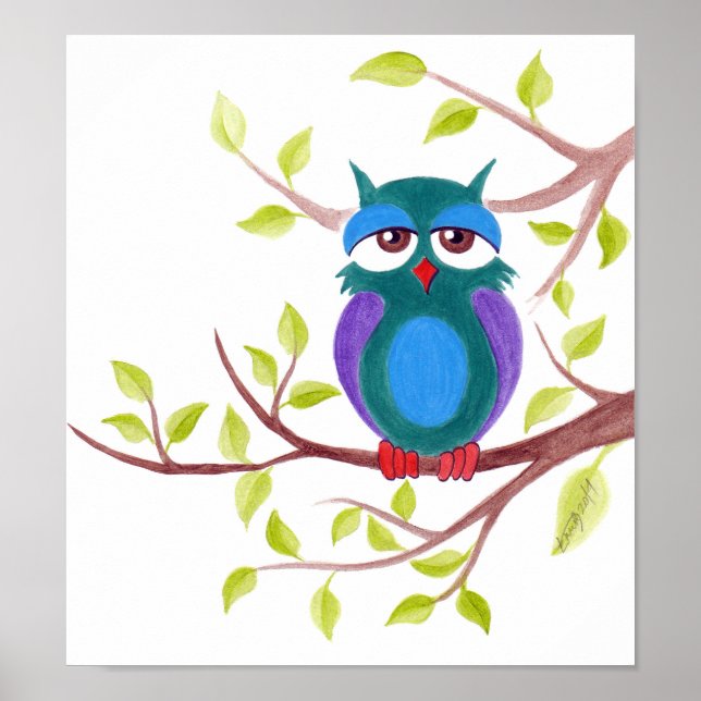 Cute sleepy owl on a tree cartoon Poster (Front)