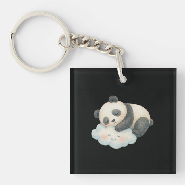 Cute Sleepy Panda on Cloud Watercolor Key Ring (Front)
