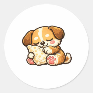 Cute Sleepy Puppy with Pillow Classic Round Sticker