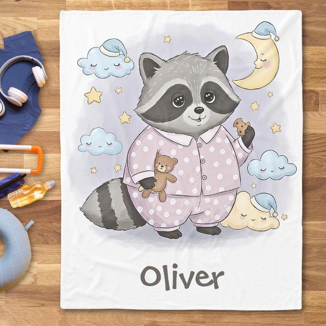 Cute Sleepy Racoon with Pyjamas Fleece Blanket (Creator Uploaded)