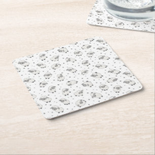 Cute Sleepy Sheep and Stars Pattern Square Paper Coaster