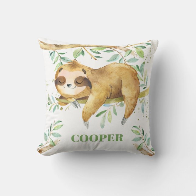 Cute Sleepy Sloth Forest Greenery Boy Nursery Cushion (Front)