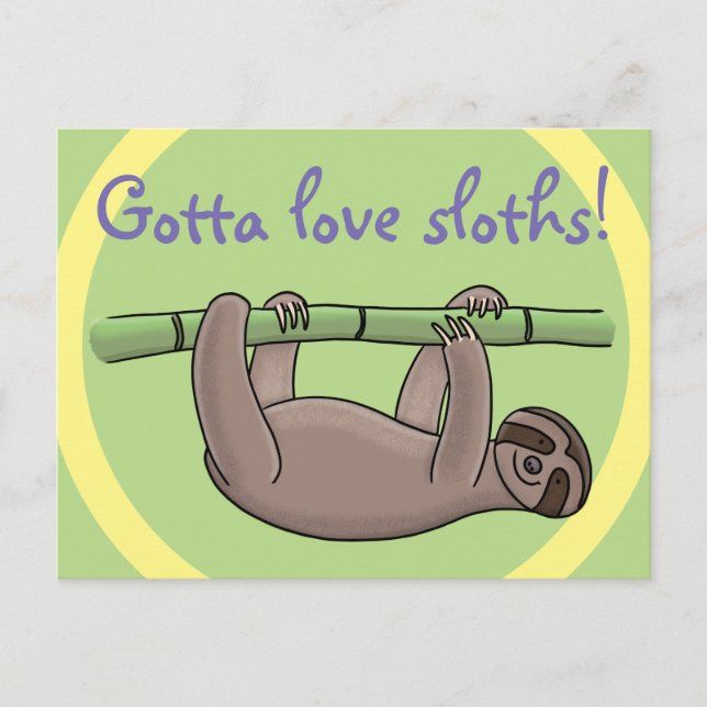 Cute sleepy sloth hanging on green bamboo cartoon postcard (Front)