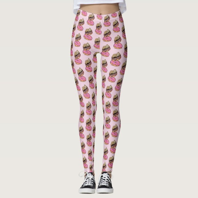 Cute Sleepy Sloth Resting on Pink Doughnuts Leggin Leggings (Front)