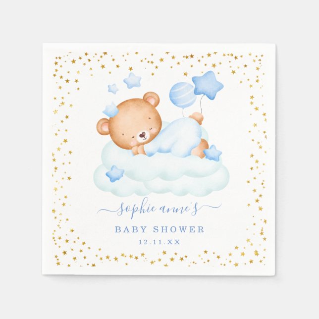 Cute Sleepy Teddy Bear Balloons Boy Baby Shower Napkin (Front)