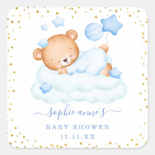 Cute Sleepy Teddy Bear Balloons Boy Baby Shower Square Sticker