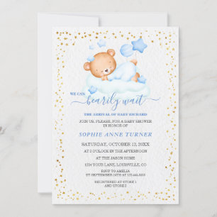 Cute Sleepy Teddy Bear Bearly Wait Boy Baby Shower Invitation