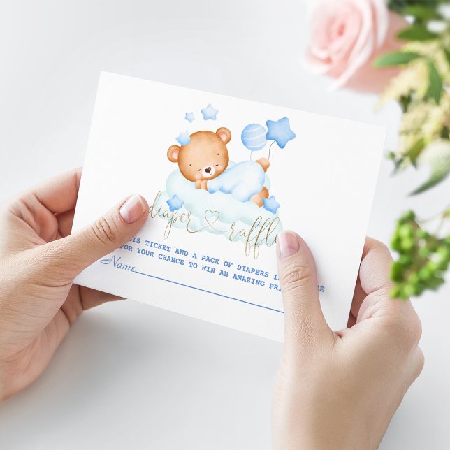 Cute Sleepy Teddy Bear On Clouds Boy Diaper Raffle Enclosure Card (Creator Uploaded)