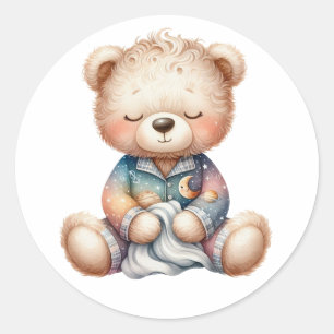 cute sleepy teddy boy with blanket classic round sticker