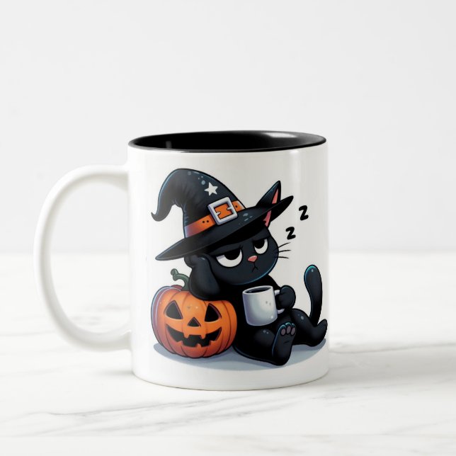 Cute Sleepy Witch Cat & Pumpkin Halloween  Two-Tone Coffee Mug (Left)
