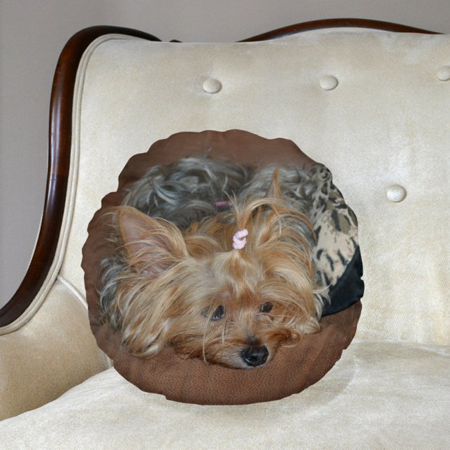 Cute Sleepy Yorkshire Terrier Yorkie Puppy  Round Cushion (Creator Uploaded)