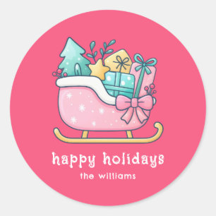 Cute Sleigh with Goodies Happy Holidays Pink  Classic Round Sticker