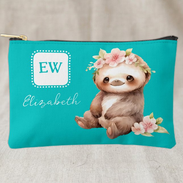 Cute sloth add initials name turquoise accessory pouch (Creator Uploaded)