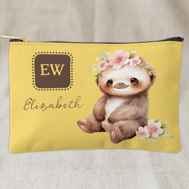 Cute sloth add initials name yellow accessory pouch (Creator Uploaded)