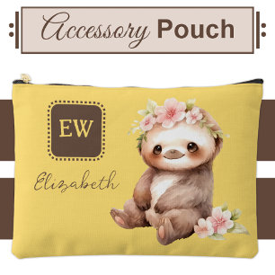 Cute sloth add initials name yellow accessory pouch