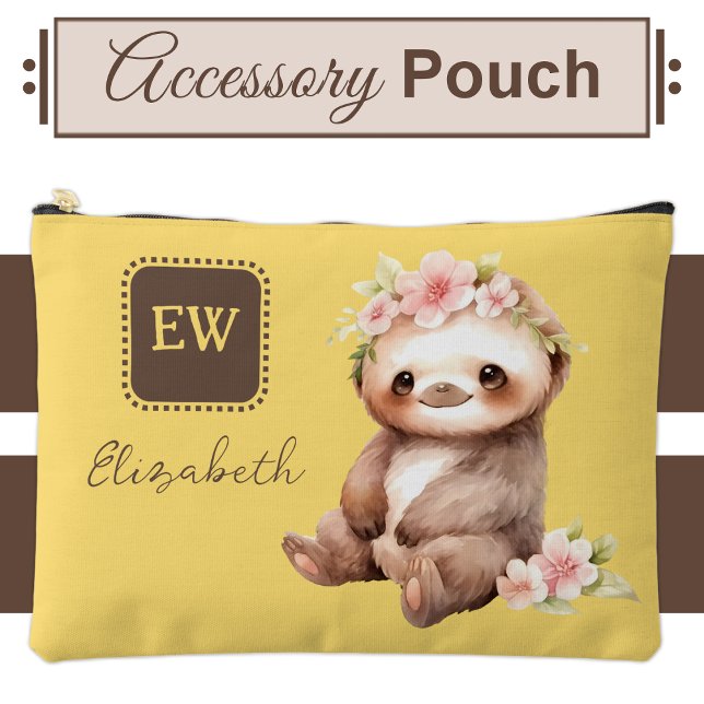 Cute sloth add initials name yellow accessory pouch (Creator Uploaded)