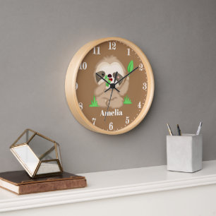 Cute sloth add name girls room decor clock