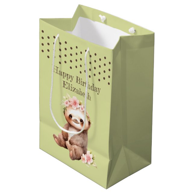Cute sloth add name polka dots green medium gift bag (Front Angled)