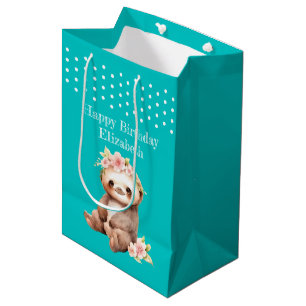 Cute sloth add name polka dots turquoise medium gift bag