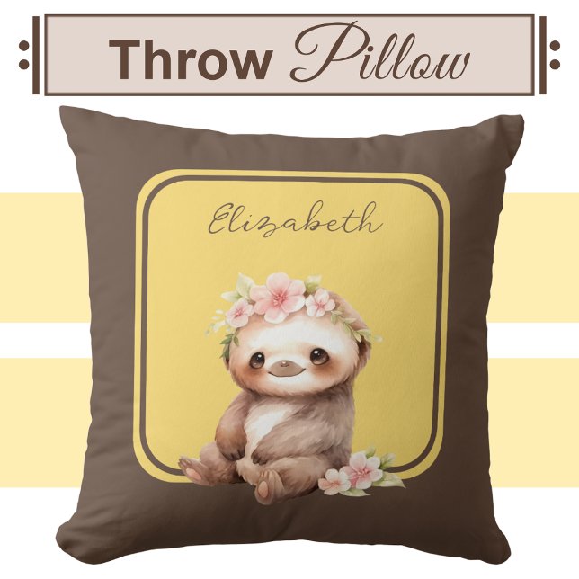 Cute sloth add name polka dots yellow cushion (Creator Uploaded)