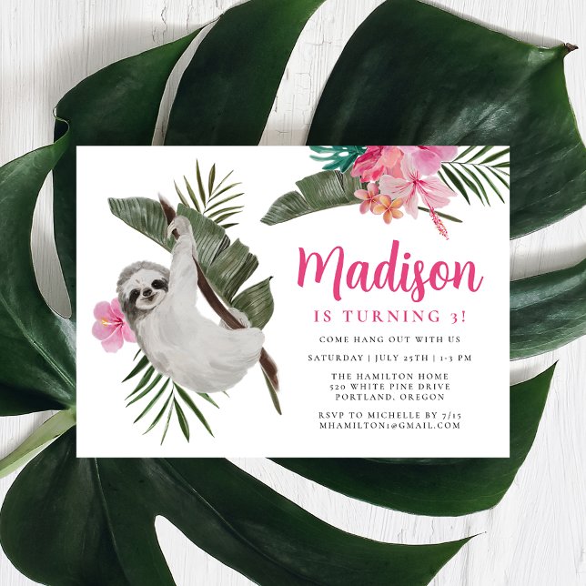 Cute Sloth and Hibiscus Flowers Jungle Birthday Invitation (Creator Uploaded)