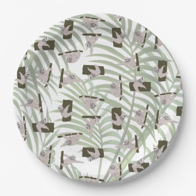 Cute Sloth Animal Pattern in Wild Forest Paper Plate (Front)