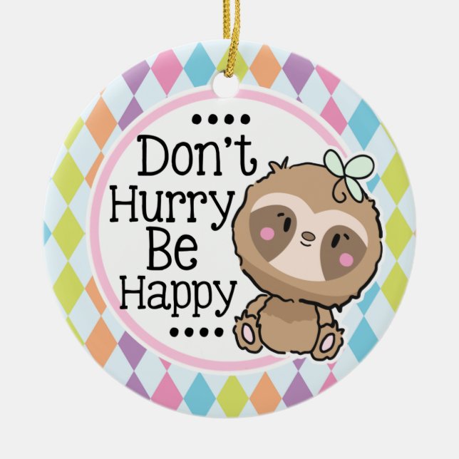 Cute Sloth Argyle Be Happy Christmas  Ceramic Tree Decoration (Front)