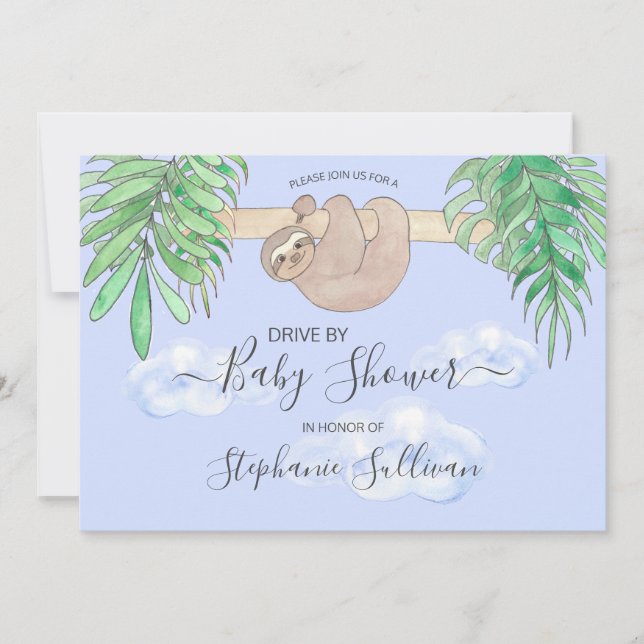 Cute Sloth Baby Boy Blue Drive By Baby Shower Invitation (Front)