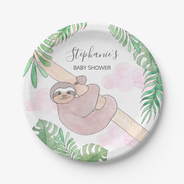 Cute Sloth Baby Girl Baby Shower  Paper Plate (Front)