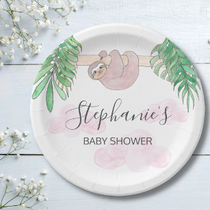 Cute Sloth Baby Girl Baby Shower Paper Plate