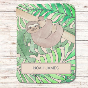 Cute Sloth Baby Jungle Leaves Watercolor Name Baby Blanket