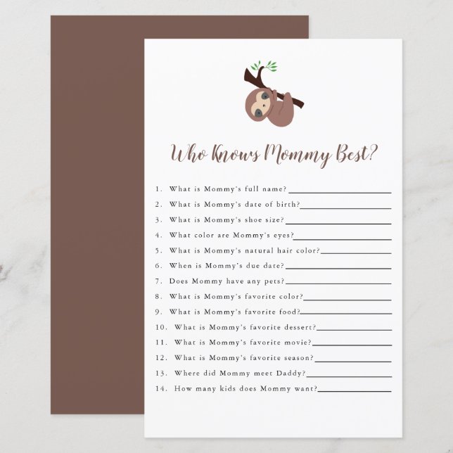 Cute Sloth Baby Shower Game Who knows Mummy Best (Front/Back)